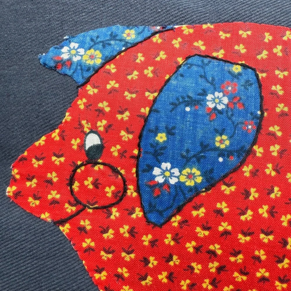 Vintage Handmade Pig Applique Throw Pillow Cottage Farmhouse Red Floral Denim